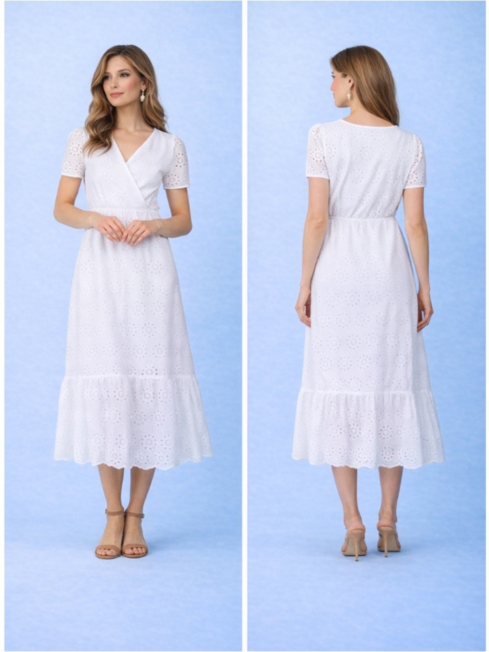 Valentina Naldi White Eyelet Midi Dress XL | 100% Cotton Faux Wrap Cottagecore D
